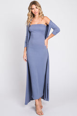 Blue Ribbed Sleeveless Dress Cardigan Maternity Set