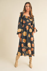 Black Floral Jacquard Chiffon Balloon Sleeve Midi Dress