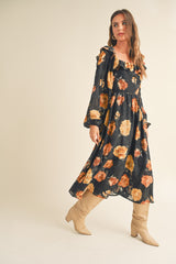 Black Floral Jacquard Chiffon Balloon Sleeve Midi Dress