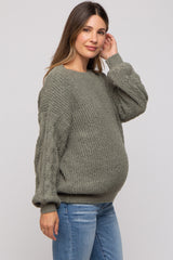 Light Olive Knit Puff Sleeve Maternity Sweater