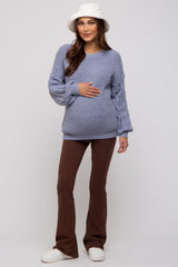 Blue Knit Puff Sleeve Maternity Sweater