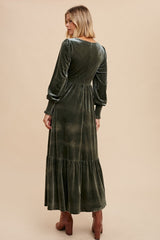 Olive Folklore Embroidered Velvet Dress