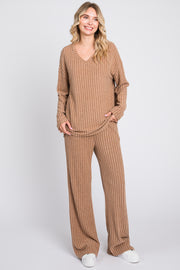 Mocha Ribbed Soft Knit Long Sleeve Pajama Set