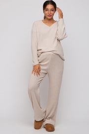 Beige Ribbed Soft Knit Long Sleeve Maternity Pajama Set