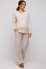 Beige Ribbed Soft Knit Long Sleeve Maternity Pajama Set