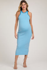 Blue Ribbed Knit Sleeveless Fitted Maternity Midi Dress