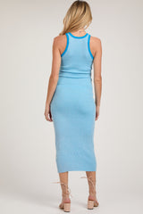 Blue Ribbed Knit Sleeveless Fitted Maternity Midi Dress