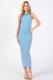 Blue Ribbed Knit Sleeveless Fitted Midi Dress