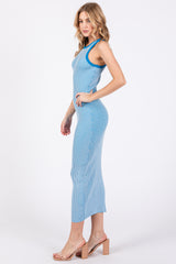 Blue Ribbed Knit Sleeveless Fitted Midi Dress