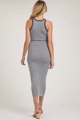 Gray Ribbed Knit Sleeveless Fitted Maternity Midi Dress