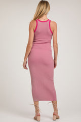 Pink Ribbed Knit Sleeveless Fitted Maternity Midi Dress