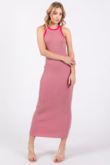 Pink Ribbed Knit Sleeveless Fitted Midi Dress