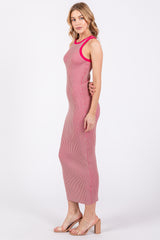 Pink Ribbed Knit Sleeveless Fitted Midi Dress