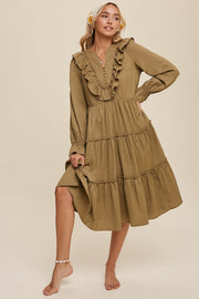 Olive Ruffle Detail Tiered Long Sleeve Midi Dress