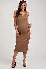 Mocha Ruched V-Neck Maternity Fitted Dress