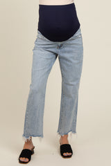 Light Blue Fringe Hem Maternity Cropped Straight Leg Jeans