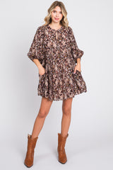 Brown Floral 3/4 Sleeve Dress