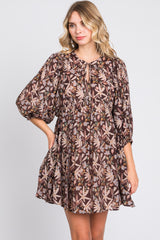 Brown Floral 3/4 Sleeve Dress