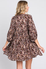 Brown Floral 3/4 Sleeve Dress