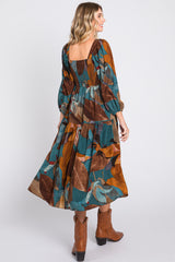 Teal Leaf Print Square Neck Midi Dress