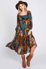 Teal Leaf Print Square Neck Maternity Midi Dress