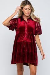 Burgundy Velvet Tiered Sequin Short Sleeve Maternity Dress