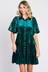 Forest Green Velvet Tiered Sequin Short Sleeve Dress