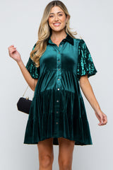 Forest Green Velvet Tiered Sequin Short Sleeve Maternity Dress