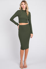 Olive Mock Neck Top Skirt Set