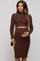 Brown Mock Neck Top Skirt Maternity Set