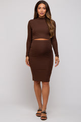 Brown Mock Neck Top Skirt Maternity Set