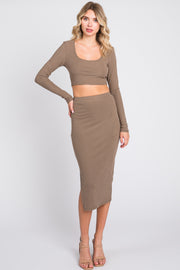 Mocha Ribbed Crop Top Midi Skirt Set