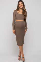 Mocha Ribbed Maternity Crop Top Midi Skirt Set