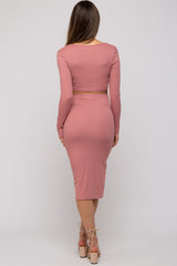 Mauve Ribbed Maternity Crop Top Midi Skirt Set