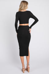 Black Ribbed Crop Top Midi Skirt Set