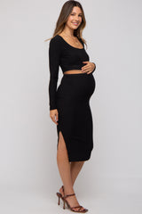 Black Ribbed Maternity Crop Top Midi Skirt Set