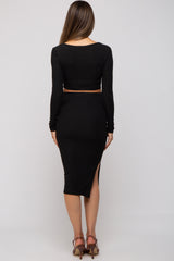 Black Ribbed Maternity Crop Top Midi Skirt Set