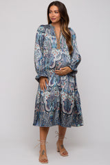 Blue Floral Print Satin Maternity Midi Dress