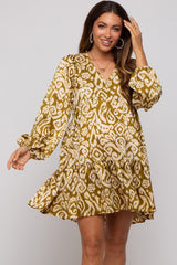 Olive Print Collared Puff Sleeve Maternity Dress