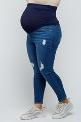 Blue Distressed Crop Skinny Maternity Plus Jeans