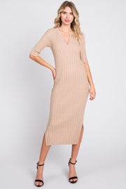 Beige Ribbed Knit Midi Dress