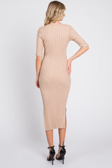 Beige Ribbed Knit Midi Dress