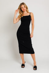 Black Rib Knit Back Slit Maternity Midi Dress