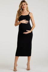 Black Rib Knit Back Slit Maternity Midi Dress