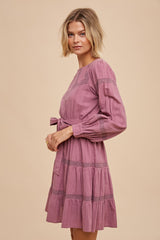 Dark Mauve Lace Inlay Long Sleeve Mini Dress