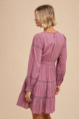 Dark Mauve Lace Inlay Long Sleeve Mini Dress