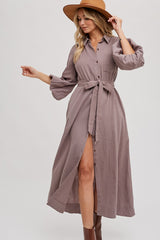 Mocha Gauze Belted Shirt Midi Dress