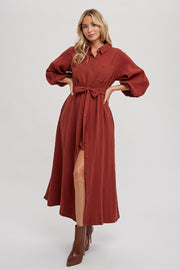 Rust Gauze Belted Shirt Midi Dress