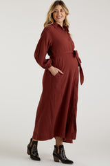 Rust Gauze Belted Shirt Maternity Midi Dress