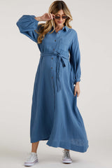 Blue Gauze Belted Shirt Maternity Midi Dress